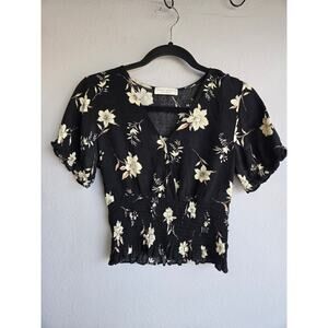 Paper Crane Floral Smocked Waist V-Neck Short Sleeve Blouse Small Black
